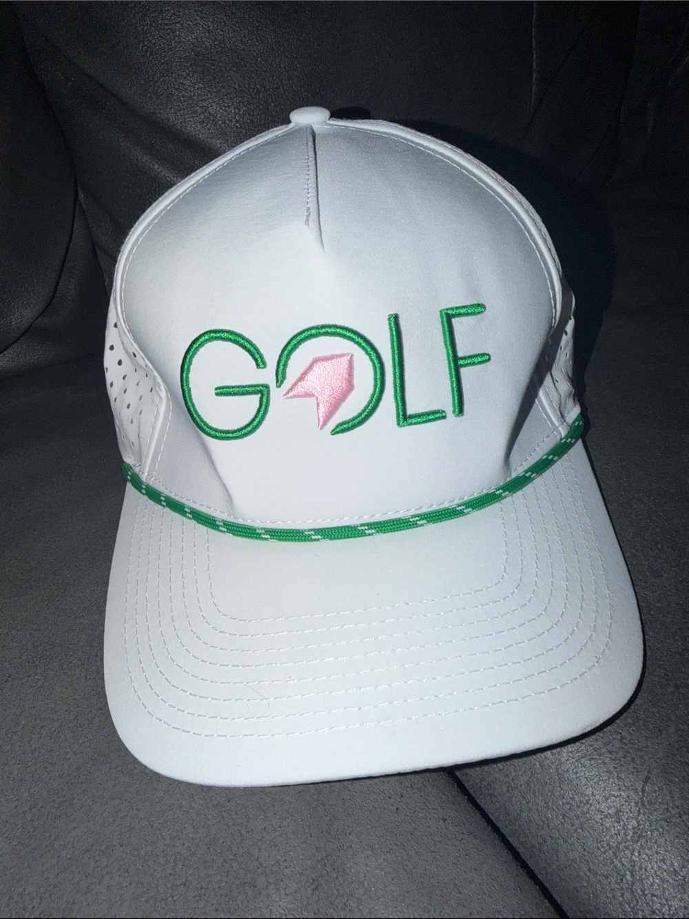 Adult 76 OSFM White Golf Cap with Green and Pink Embroidered Logo